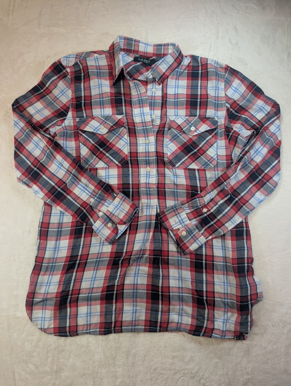 Lauren Ralph Lauren Womens L Plaid Popover Tunic Top Cotton Long Sleeve Pockets